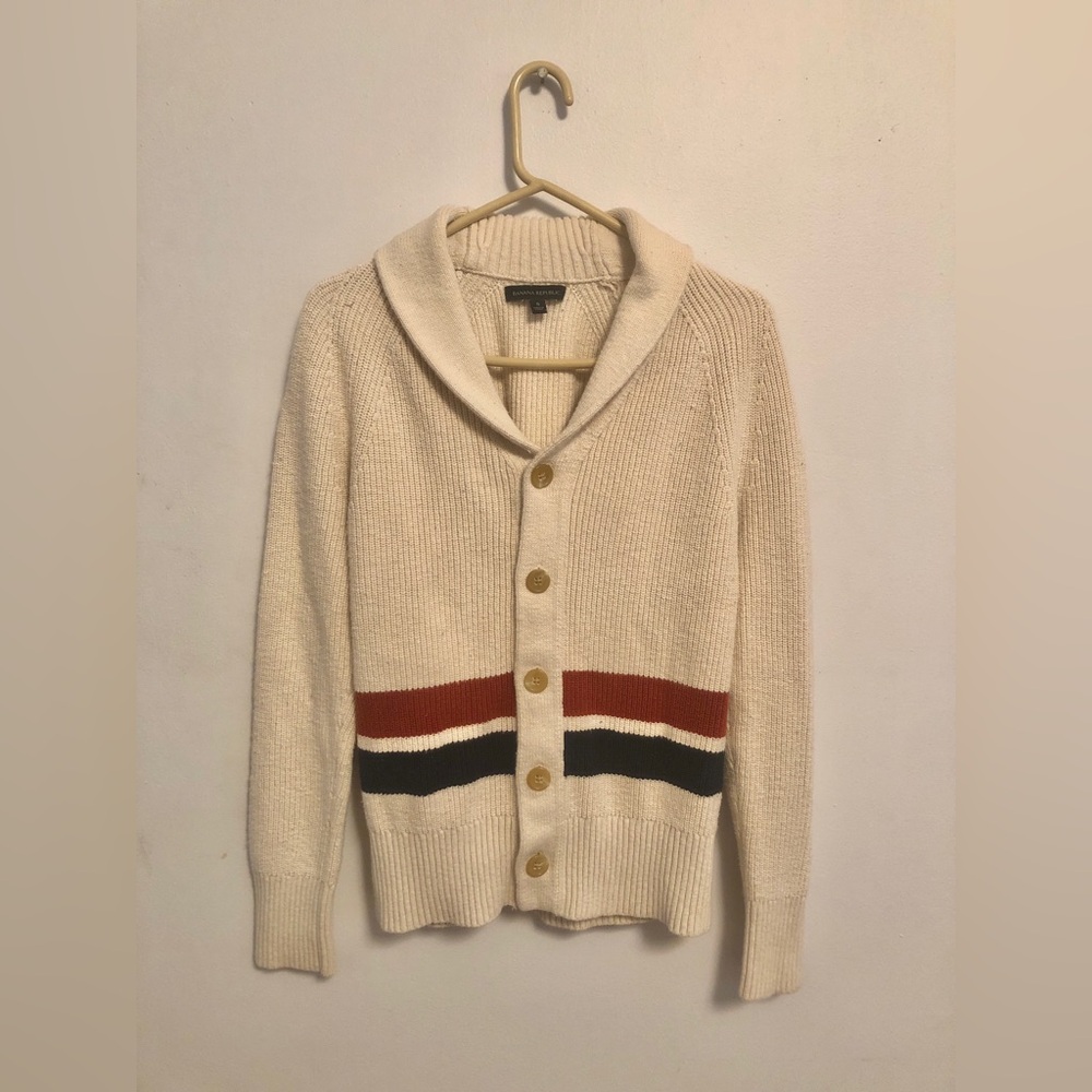 Banana Republic Mens Cotton Cream Ribbed Knit Cardigan Preppy Shawl Collar - Picture 2 of 10